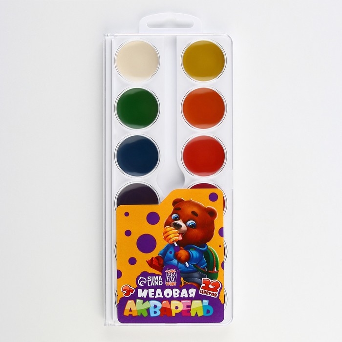 Акварельные краски медовые 12 цветов в пластиковой коробке, без кисти