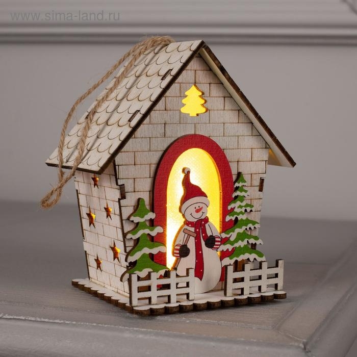 Ёлочная игрушка &laquo;Домик со снеговиком&raquo;, от батареек, свечение тёплое белое