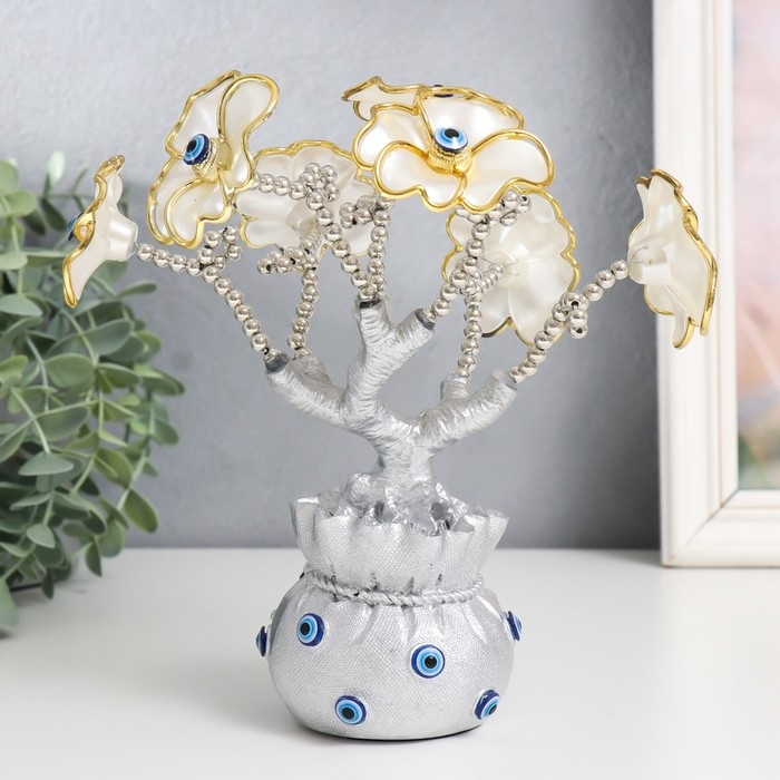 Сувенир от сглаза "Цветущее дерево. Денежный мешок" серебро, перламутр 14,5х8,55х22 см