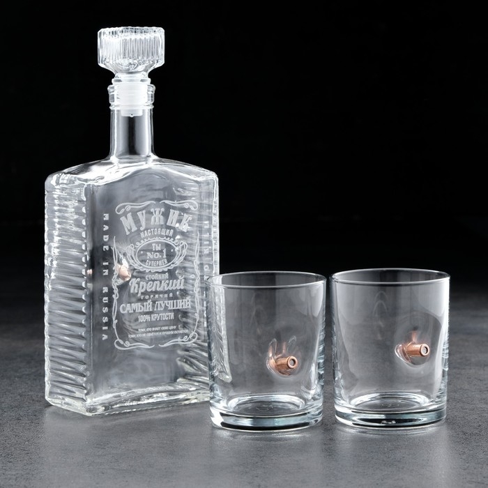 Набор Набор "Непробиваемый. Limited черный", штоф с пулей, 2 стакана для виски с пулей