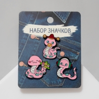 Набор значков (3 шт.) &laquo;Змейки&raquo;, цвет розовый в чёрном металле