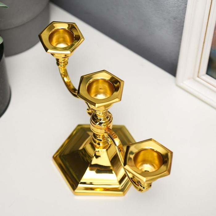 Подсвечник металл на 3 свечи "Чёткие линии" цвет золото 12,5х21,5х10 см