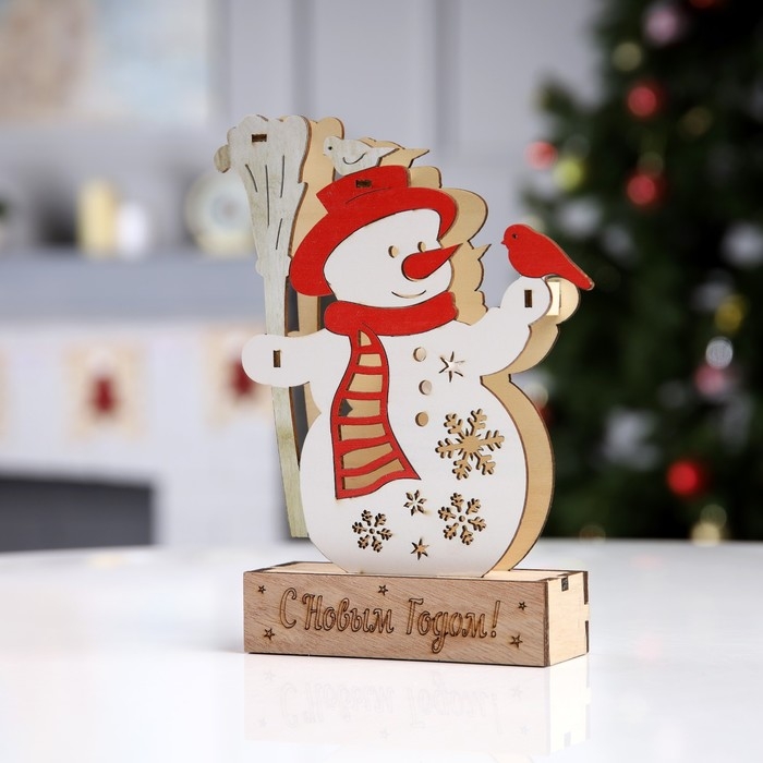 Светодиодная фигура &laquo;Снеговик с птичками&raquo; 16.5 &times; 20.5 &times; 5 см, дерево, батарейки LR41х3 (в комплекте), свечение тёплое белое
