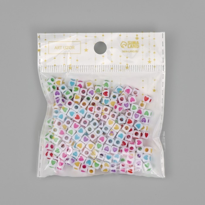 Бусины для творчества пластик "Куб цветные сердца" набор 20 гр 0,4х0,4 см