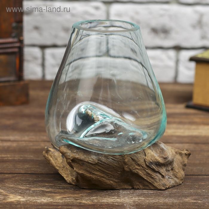 Вазон стекло на дереве "Низкая подставка" 13х13х15 см