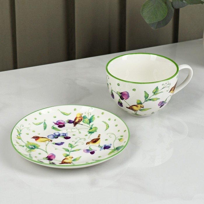 Сервиз фарфоровый чайный Доляна &laquo;Зелёный сад&raquo;, 12 предметов: 6 чашек 220 мл, 6 блюдец d=13 см