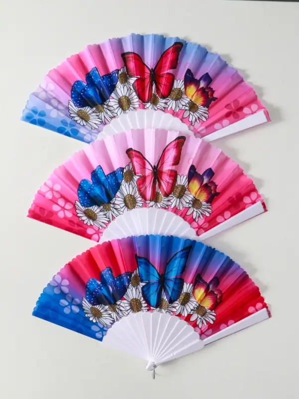 Веер пластик, текстиль "Ромашки и бабочки" МИКС широкие лопасти 23 см