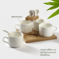 Набор кружек керамический на подставке из бамбука BellaTenero, 9 предметов: 4 кружки 150 мл, 4 ложки, подставка, цвет белый