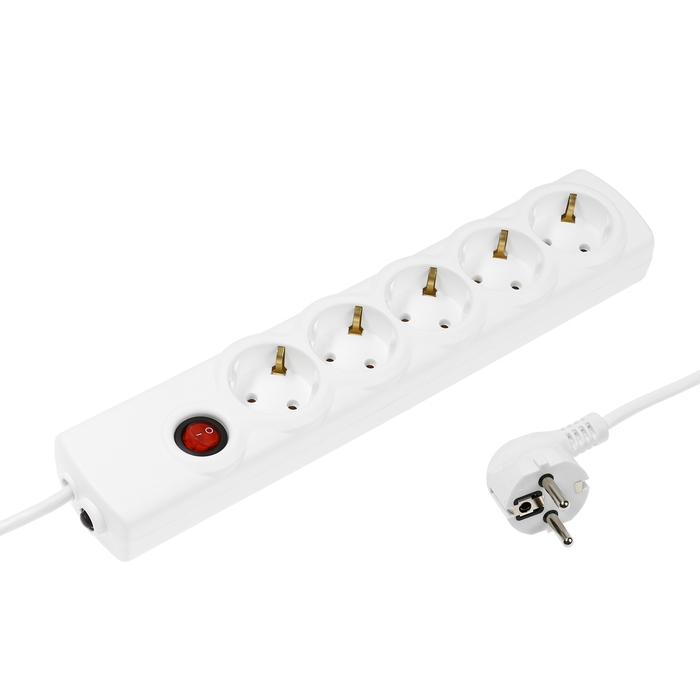 Сетевой фильтр Luazon Lighting, 5 розеток, 3 м, 2200 Вт, 3х0.75 мм2, 10 A, 220 В, c предохранителем, белый