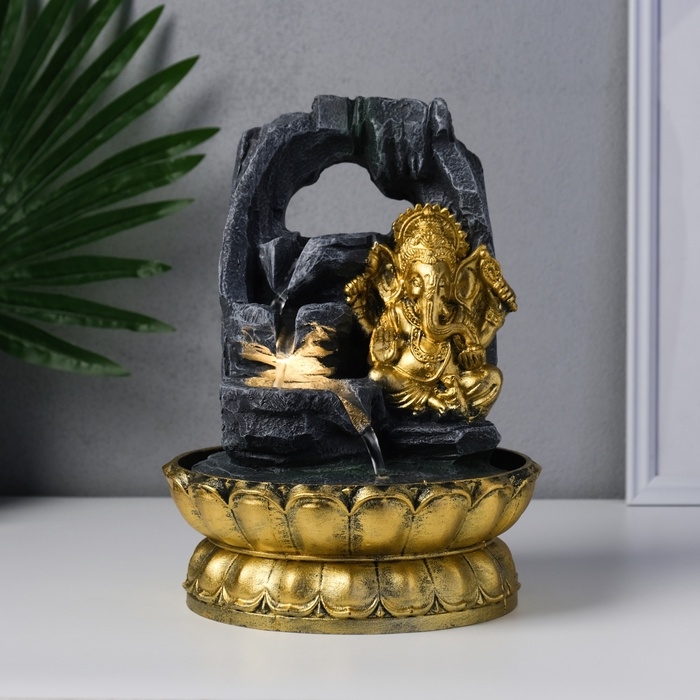 Фонтан настольный от сети, подсветка "Ганеша в скалах с водопадом" 20,5х20,5х27,5 см