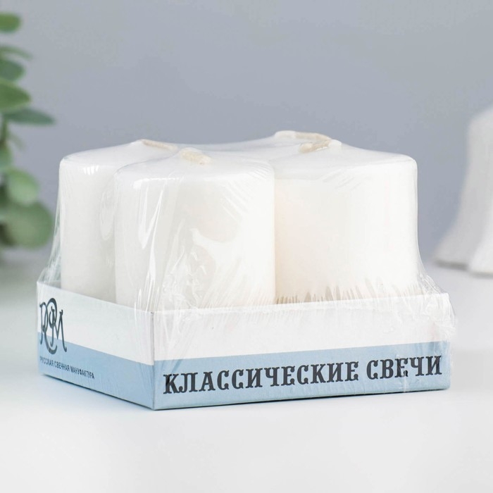 Набор свечей-цилиндров Набор свечей-цилиндров "Интерьерный", 4 шт, 6х4 см, 10 ч, белый