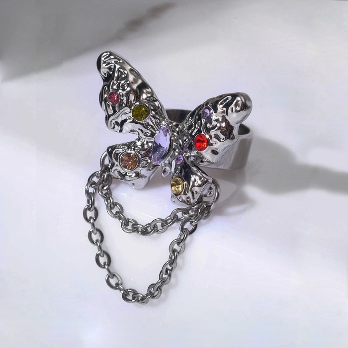 Кольцо «Бабочка» с цепочкой, цветное в серебре, безразмерное Кольцо «Бабочка» с цепочкой, цветное в серебре, безразмерное