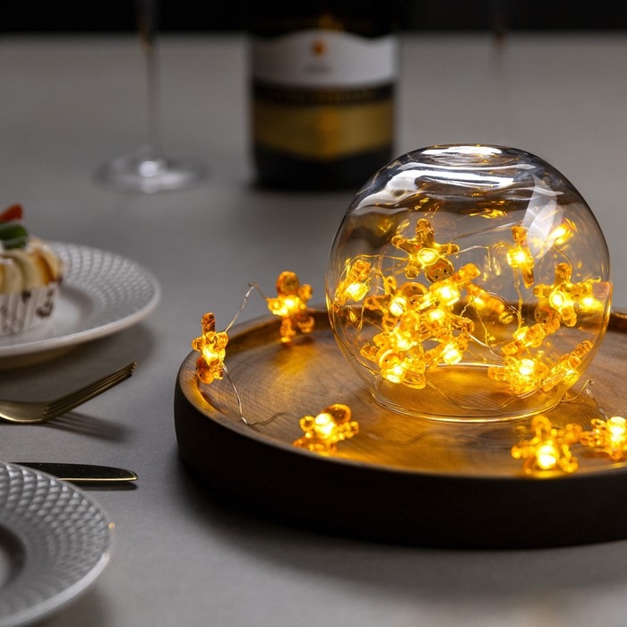 Гирлянда &laquo;Нить&raquo; 2 м роса с насадками &laquo;Пряничный человечек&raquo;, IP20, серебристая нить, 20 LED, 2 режима, батарейки ААх2 (нет в комплекте), свечение тёплое белое