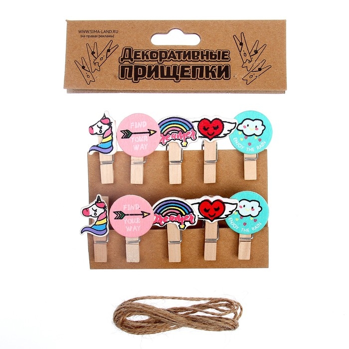 Прищепки декоративные с веревкой для подвеса «Вдохновение» набор 10 шт. Прищепки декоративные с веревкой для подвеса «Вдохновение» набор 10 шт.