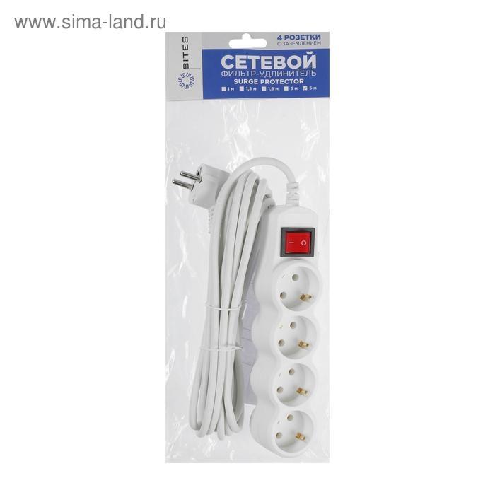 Сетевой фильтр 5bites SP4W-150 4S, 4 розетки, 5 м, 10 А, 3х0.75 мм2, с з/к, с выкл., белый