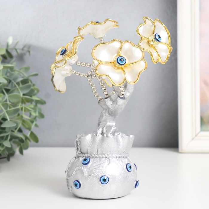 Сувенир от сглаза "Цветущее дерево. Денежный мешок" серебро, перламутр 14,5х8,55х22 см