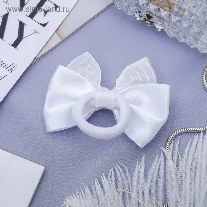 Резинка для волос "Школьница" бант полосы стразы, 6,5 см, белый