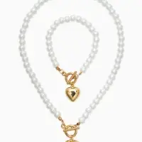 Набор 2 пред-та: бусы.браслет "Жемчуг", сердце, цвет белый в золоте L=18/42см №8
