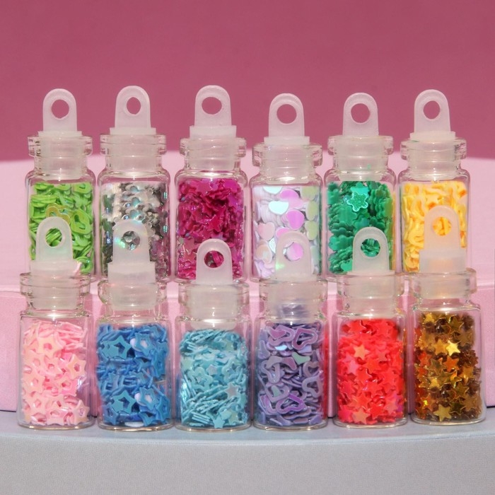 Пайетки для декора ногтей &laquo;Звёздочки, сердечки&raquo;, 12 бутылочек, разноцветные