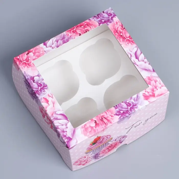 Коробка для капкейков, кондитерская упаковка с окном, 4 ячейки &laquo;Пионы&raquo;, 16 х 16 х 10 см