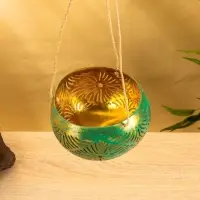 Подсвечник подвесной из кокоса, 12-14 см, тёмно зелёный-золотой