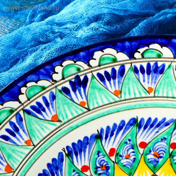 Тарелка Риштанская Керамика "Цветы",  22 см, синяя