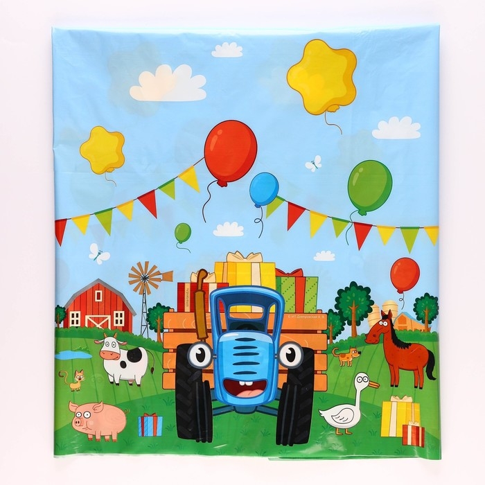 Скатерть одноразовая праздничная 120х180 см, 35 мкр, Синий трактор