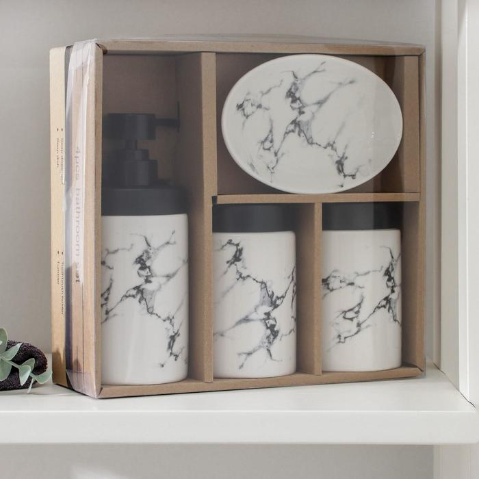 Набор аксессуаров для ванной комнаты &laquo;Мраморный металл&raquo;, 4 предмета (мыльница, дозатор 400 мл, два стакана), цвет белый