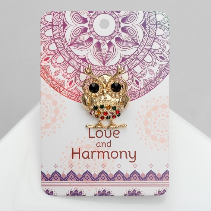 Брошь &laquo;Филин&raquo; круглый, цветная в золоте