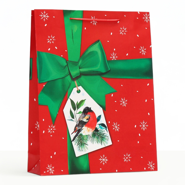 Новый год. Пакет подарочный "Зеленый бант", 33 х 42,5 х 10 см.