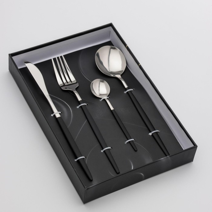 Столовые приборы из нержавеющей стали Magistro &laquo;Блинк&raquo;, 4 предмета, цвет металла серебряный, чёрные ручки
