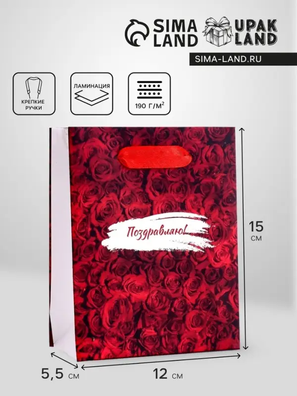 Пакет подарочный вертикальный &laquo;Поздравляю&raquo;, S 12&times;15&times;5.5 см