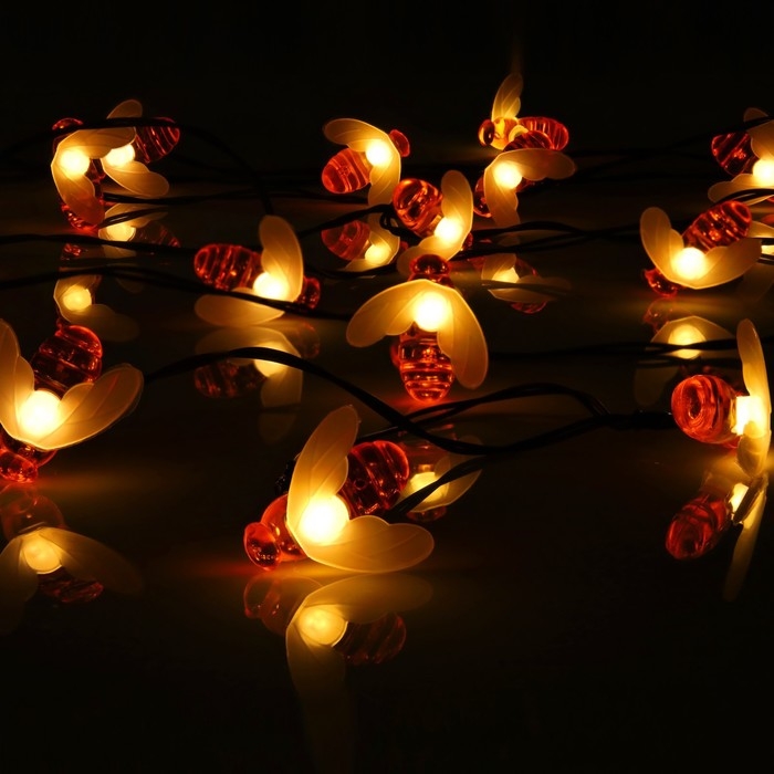 Гирлянда &laquo;Нить&raquo; 4.5 м с насадками &laquo;Пчёлки&raquo;, IP44, тёмная нить, 30 LED, свечение тёплое белое, 2 режима, солнечная батарея