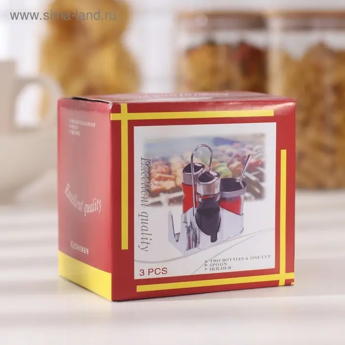Набор для специй &laquo;Стиль&raquo;, 3 шт: сахарница с ложкой 80 мл, солонка и перечница 50 мл, подставка-салфетница