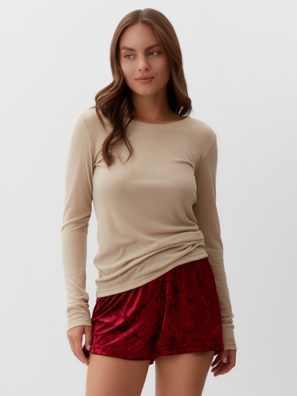 Комплект женский домашний (лонгслив и шорты) KAFTAN "Бархат", 48-50, бордо/беж