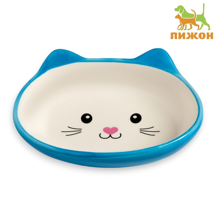 Миска керамическая овальная "Кошачья мордочка" 200 мл  14 х 12 х 3,5 см, синяя/белая