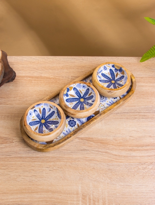 Набор розеток на подносе "Васильки" (3 шт) дерево манго 33,5х13х6,5 см