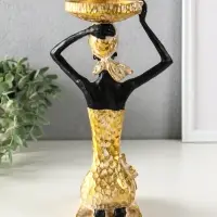 Подсвечник полистоун "Африканка в косынке с цветами" золото d=8 см 14х15х27,5 см
