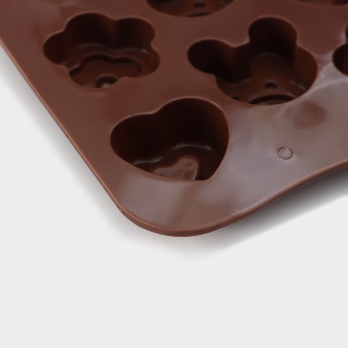 Форма для конфет и шоколада Доляна &laquo;Мишка, цветок, сердце&raquo;, силикон, 19,7&times;10,5&times;1,5 см, 14 ячеек, цвет коричневый