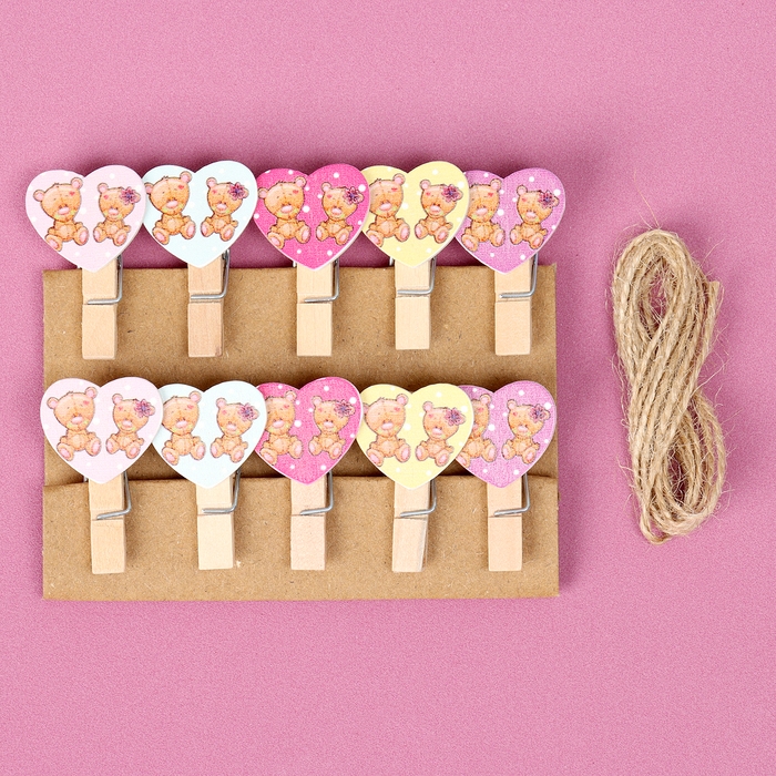 Прищепки декоративные с верёвкой для подвеса &laquo;Сердечки&raquo; набор 10 шт., 2,5 &times; 12,5 &times; 13,5 см