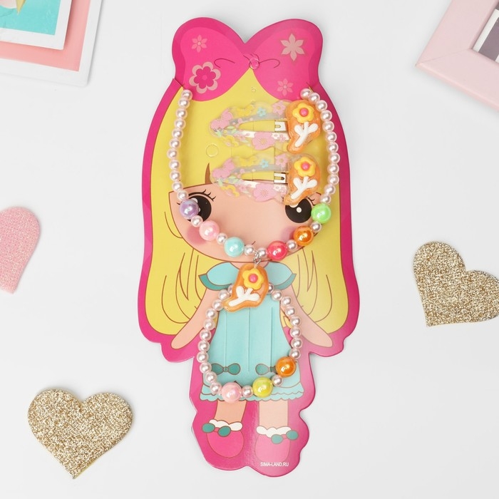 Комплект детский &laquo;Выбражулька&raquo; 4 предмета: 2 заколки, кулон, браслет, цветы, цветной