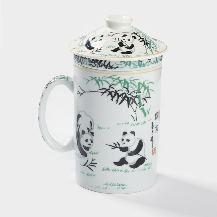 Кружка керамическая с крышкой и ситом &laquo;Панды&raquo;, 300 мл, цвет белый