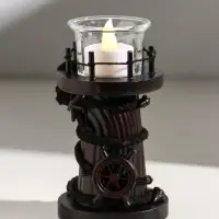 Подсвечник дерево, стекло на 1 свечу "Маяк и штурвал" 8,5х8,5х15,5 см
