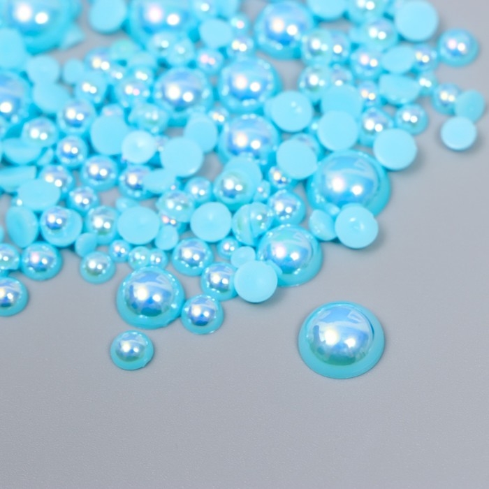 Декор для творчества пластик "Половинки бусин. Ярко-голубой перламутр" d=3-10мм, набор 10 гр