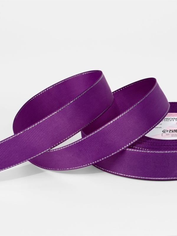 Лента репсовая 25мм*25&plusmn;1ярд(23м&plusmn;1м) серебряные нити №046 фиолетовый АУ