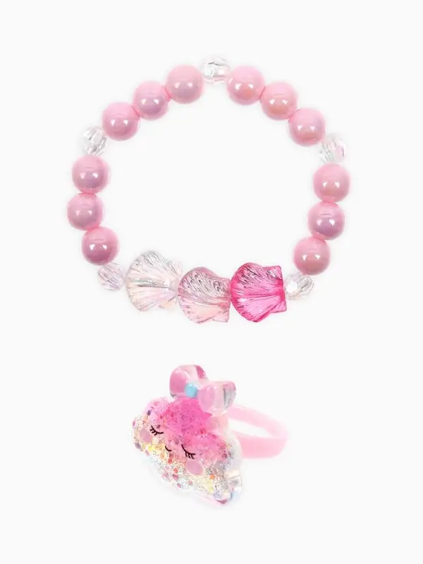 Набор детский "Выбражулька" 2 пр-та: кольцо б-р, браслет 6 см, ракушки, розовый