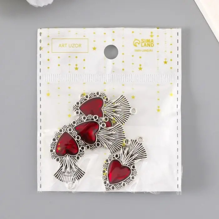 Декор для творчества металл "Красное сердце корона" серебро эмаль 3,6х2 см