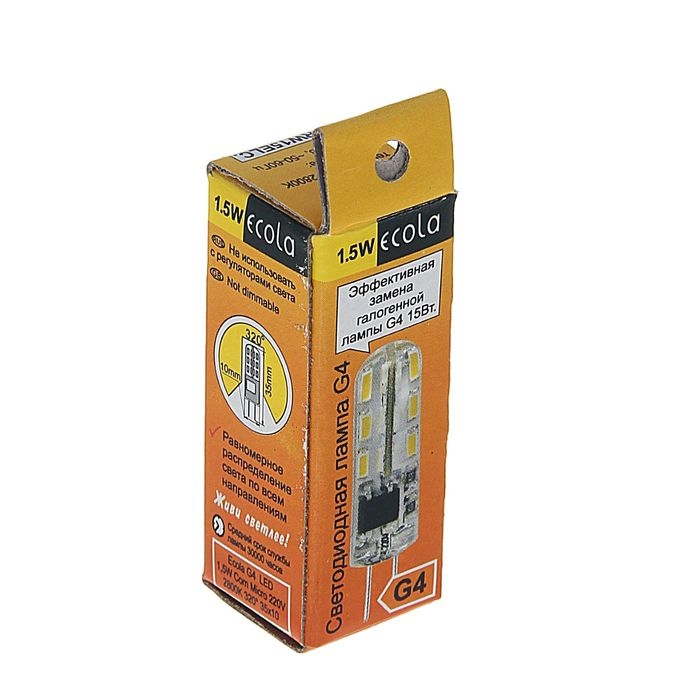 Лампа светодиодная Ecola Corn Micro, G4, 1.5 Вт, 2800 K, 320°, 35х10 мм Лампа светодиодная Ecola Corn Micro, G4, 1.5 Вт, 2800 K, 320°, 35х10 мм