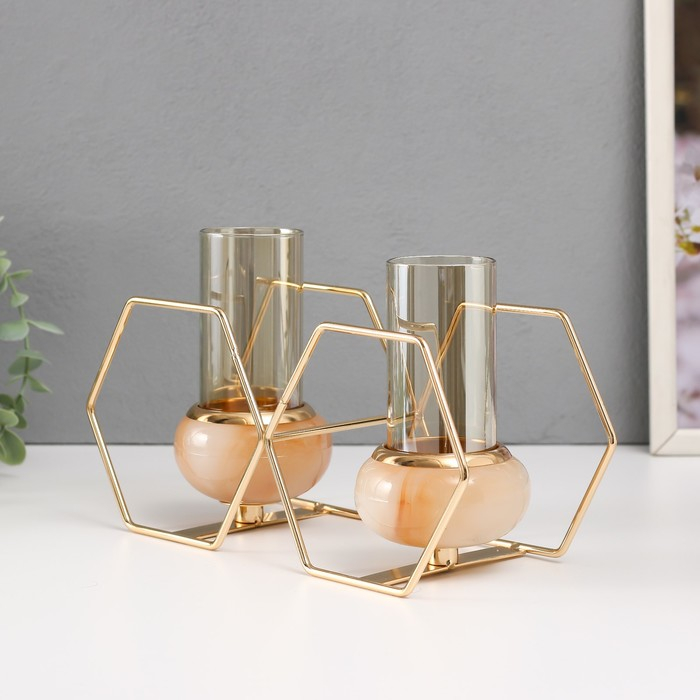 Подсвечник металл, стекло на 2 свечи Подсвечник металл, стекло на 2 свечи "Шестигранники" белый с золотом 15,5х26,5х10,5 см