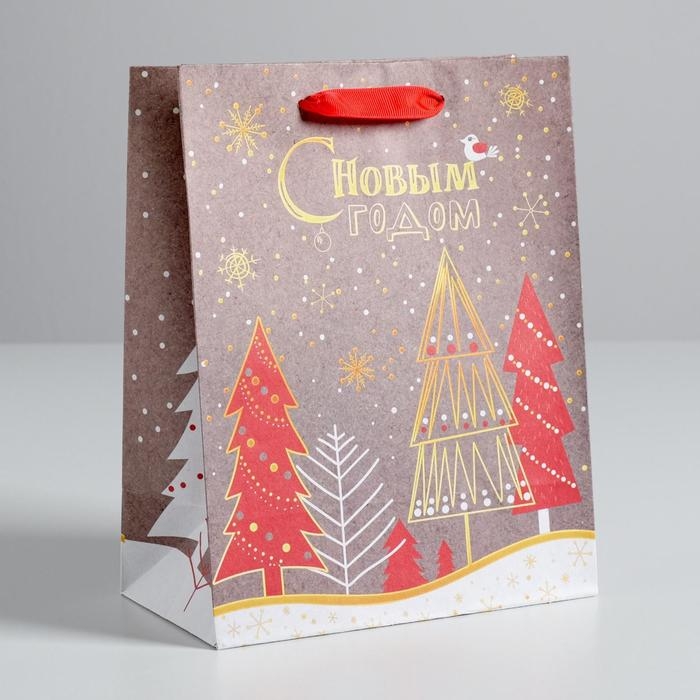 Пакет подарочный новогодний крафтовый вертикальный &laquo;Новогодние ёлки&raquo;, 18 х 23 х 8 см, Новый год